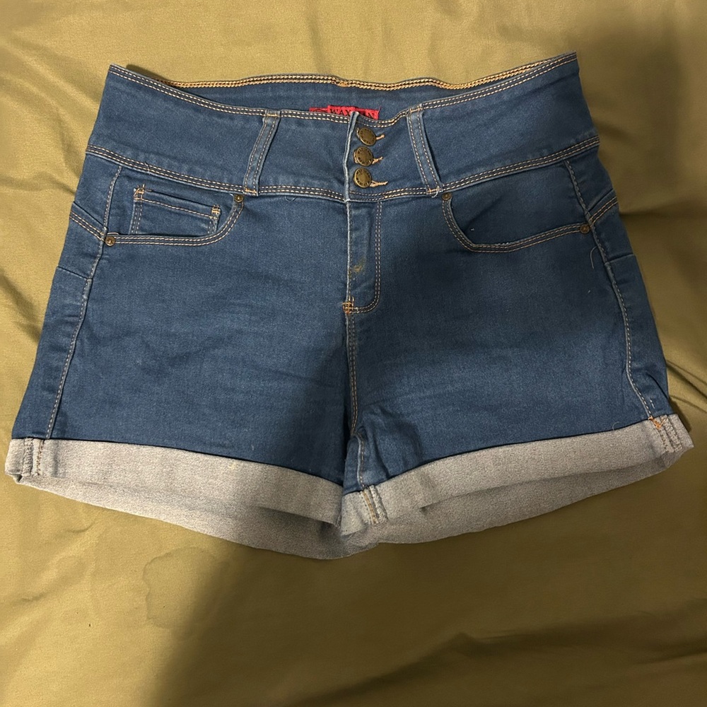 Blue Jean Shorts with Rolled Hems and Mid-Rise Fit